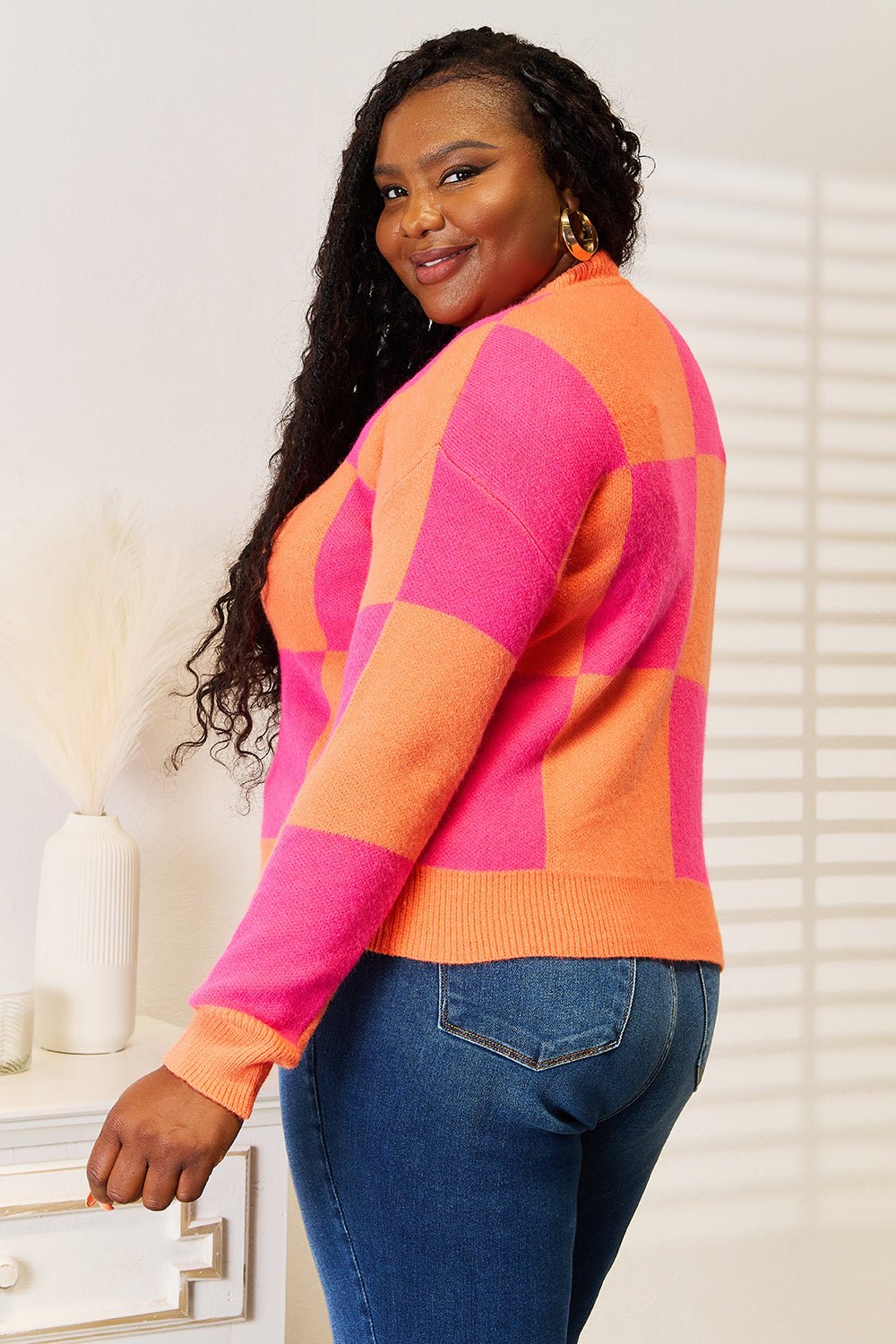 Angel Wings Woven Right Checkered V-Neck Dropped Shoulder Cardigan - TheMomCo.