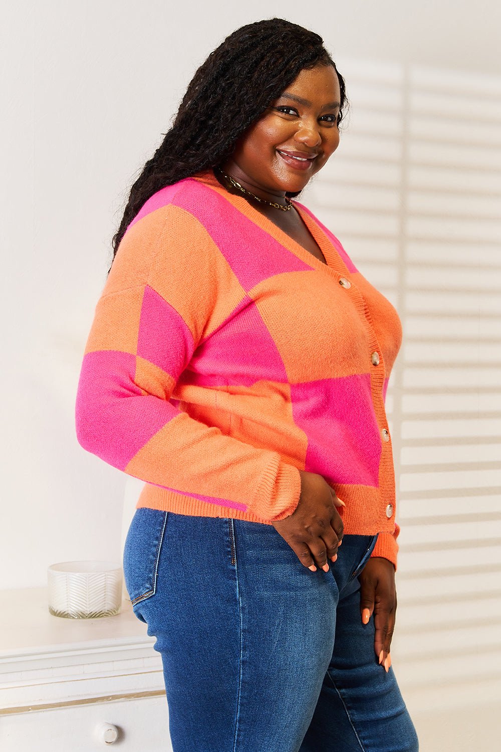 Angel Wings Woven Right Checkered V-Neck Dropped Shoulder Cardigan - TheMomCo.