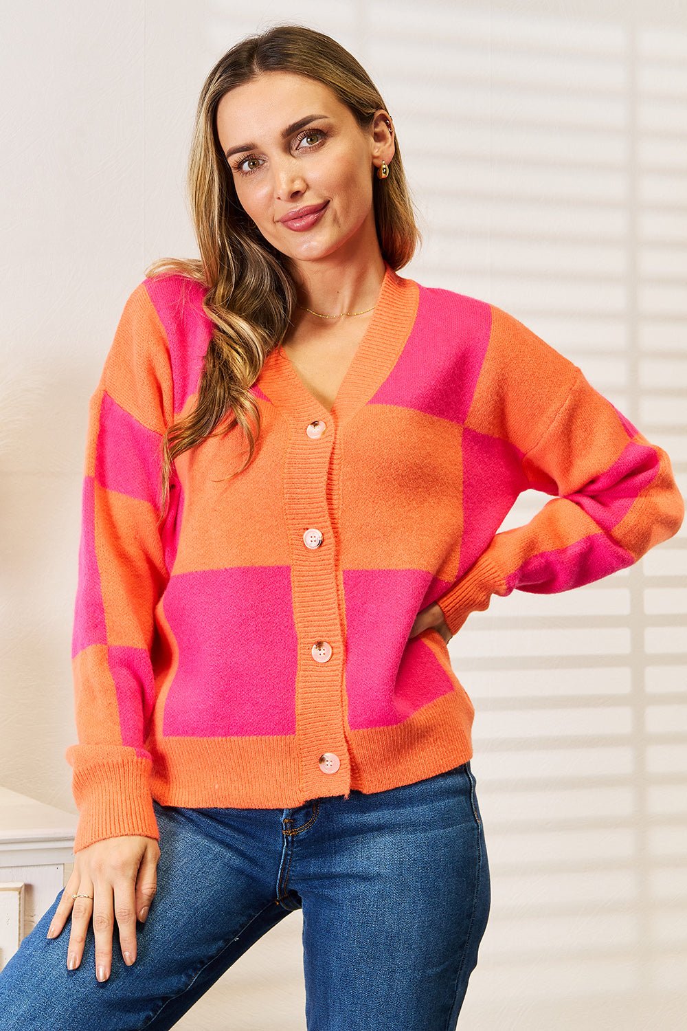Angel Wings Woven Right Checkered V-Neck Dropped Shoulder Cardigan - TheMomCo.