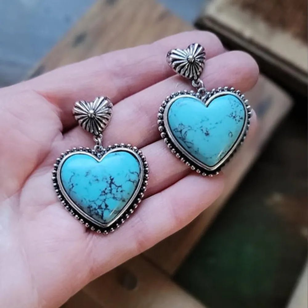 Artificial Turquoise Alloy Heart Dangle Earrings - TheMomCo.