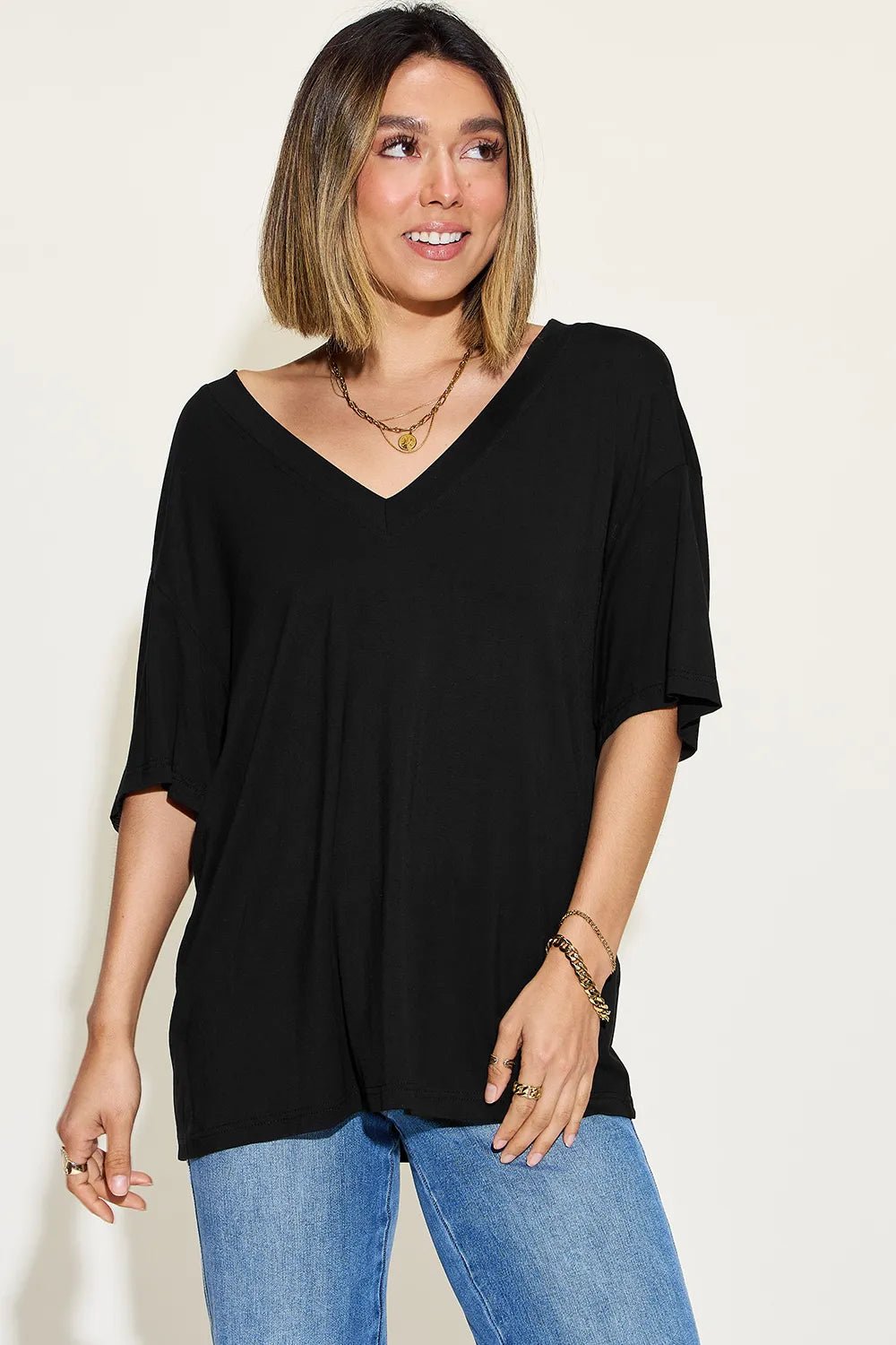 Basic Bae Full Size Bamboo V-Neck Drop Shoulder T-Shirt - TheMomCo.