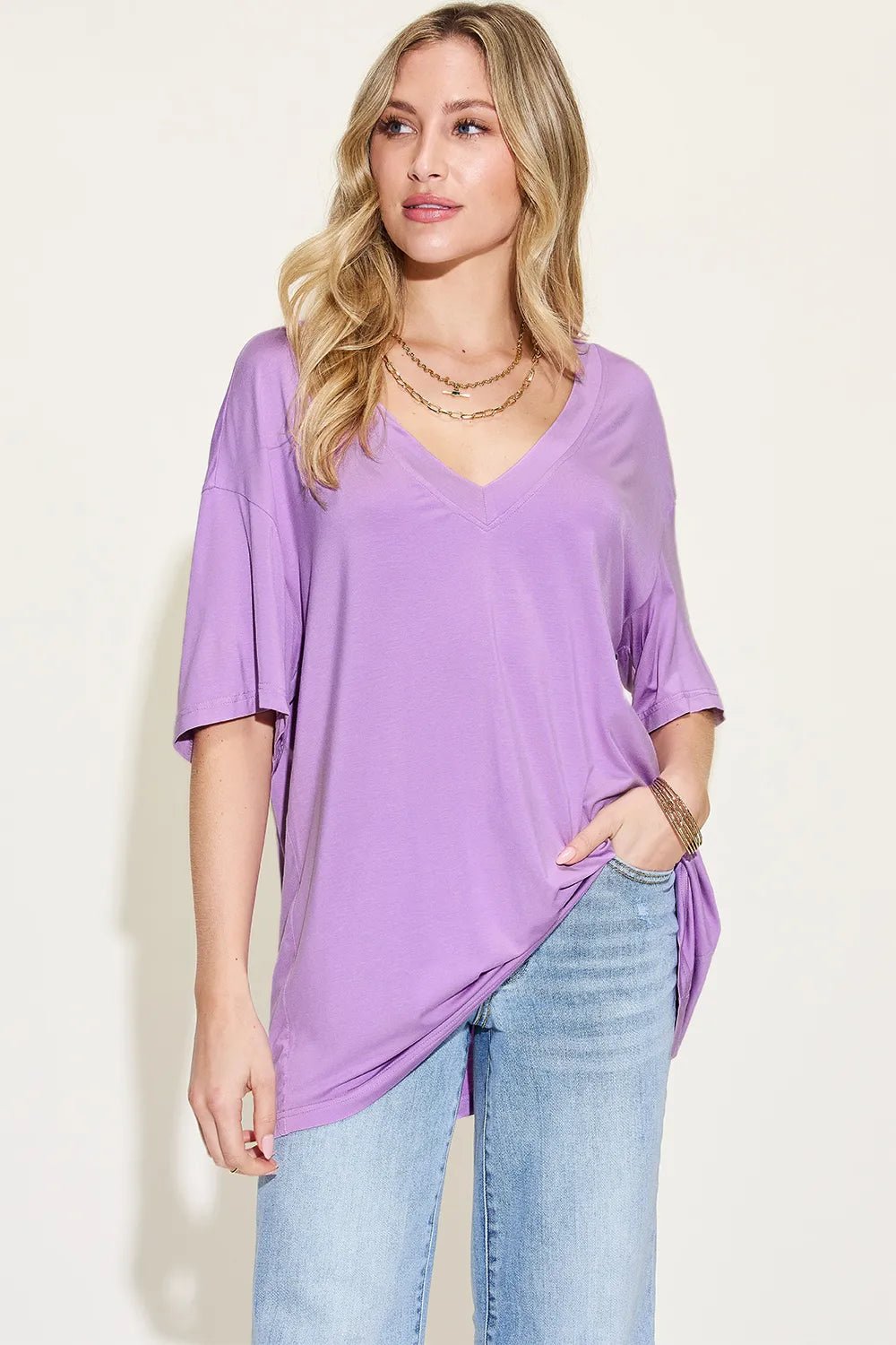 Basic Bae Full Size Bamboo V-Neck Drop Shoulder T-Shirt - TheMomCo.