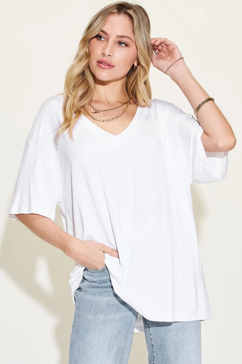 Basic Bae Full Size Bamboo V-Neck Drop Shoulder T-Shirt - TheMomCo.