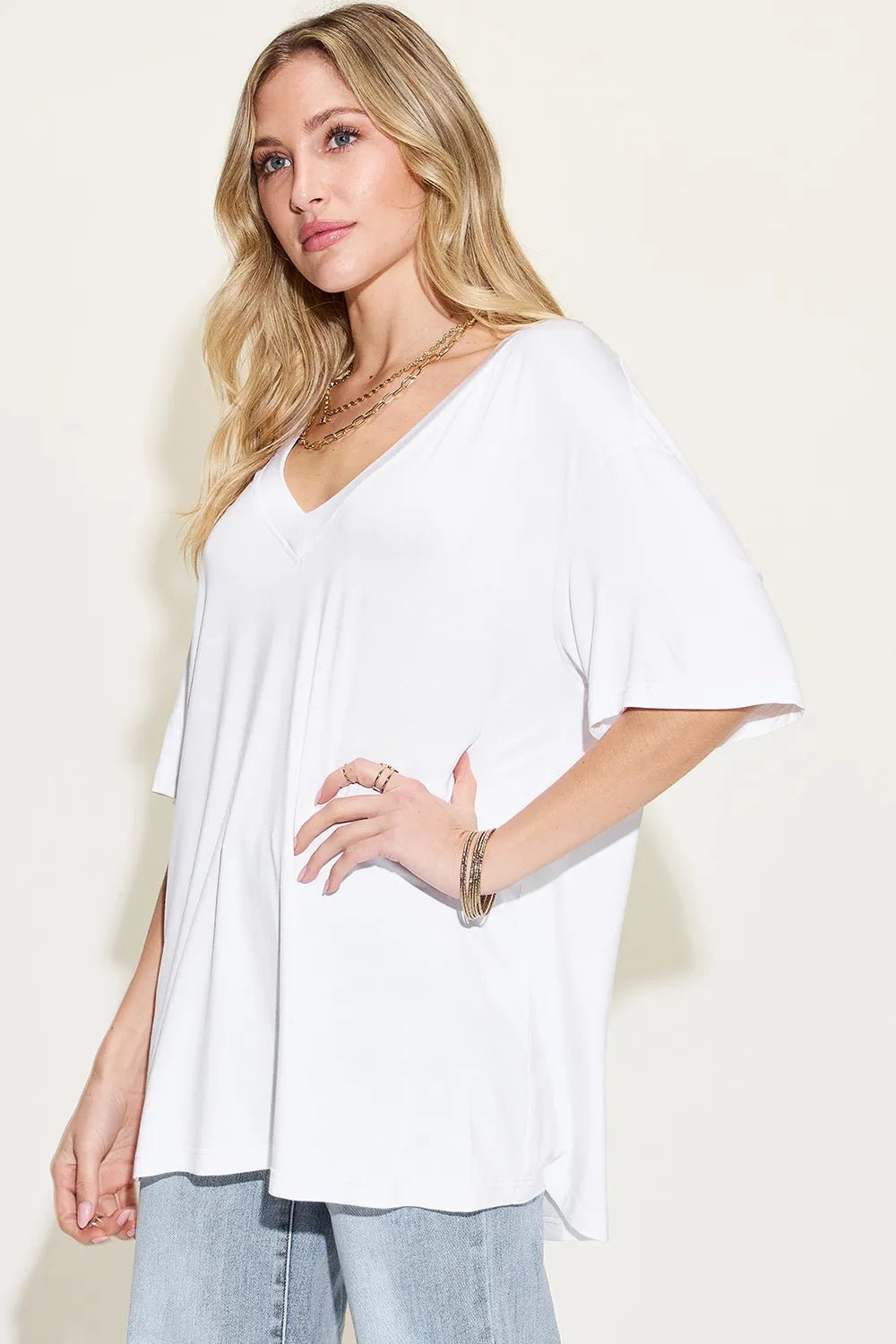 Basic Bae Full Size Bamboo V-Neck Drop Shoulder T-Shirt - TheMomCo.