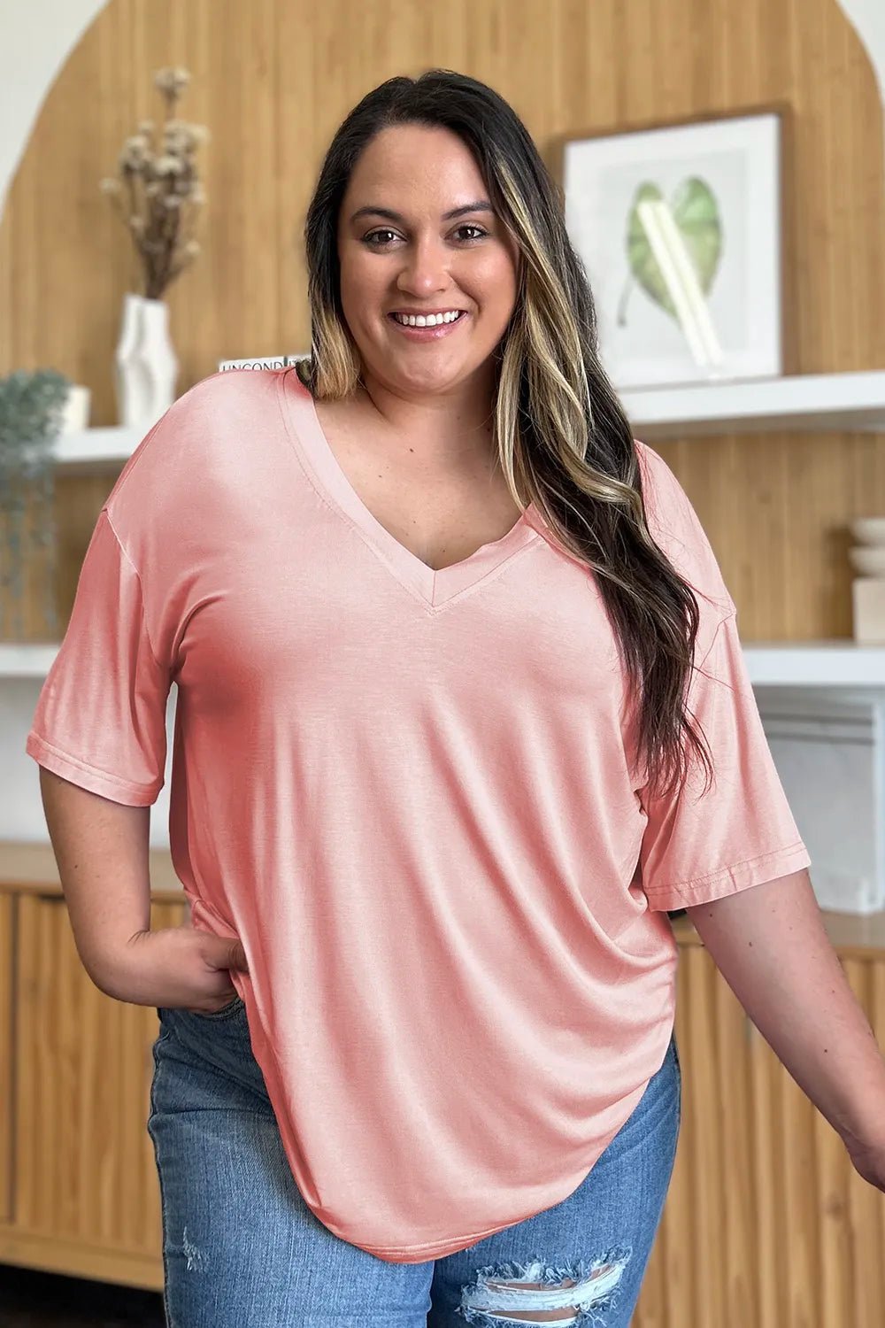 Basic Bae Full Size Bamboo V-Neck Drop Shoulder T-Shirt - TheMomCo.