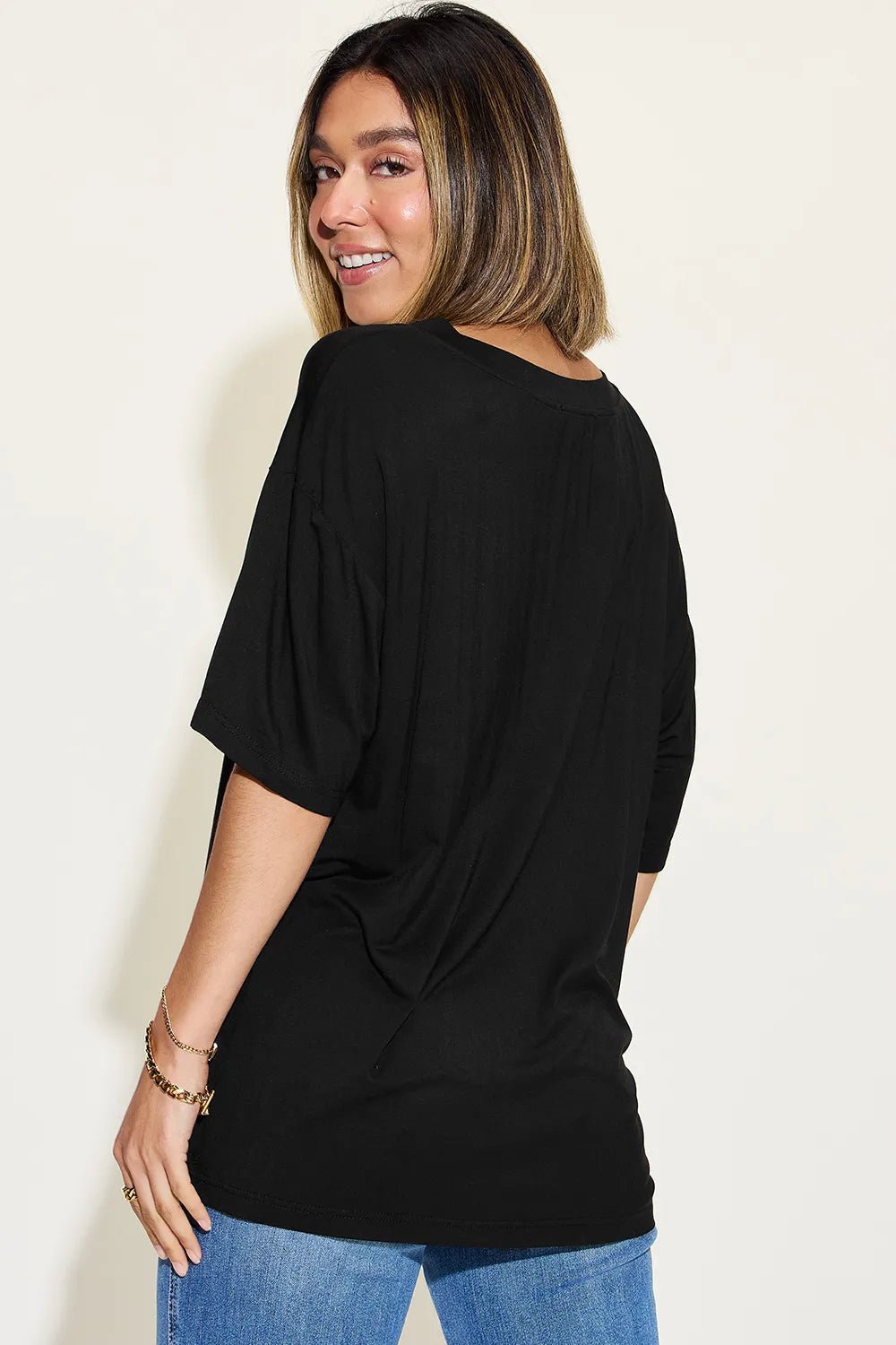 Basic Bae Full Size Bamboo V-Neck Drop Shoulder T-Shirt - TheMomCo.