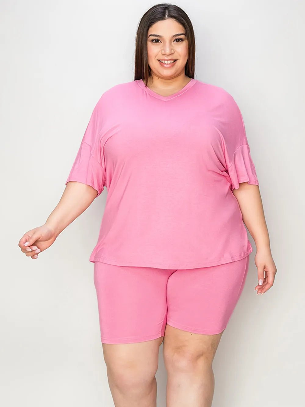Basic Bae Full Size V-Neck Drop Shoulder T-Shirt and Shorts Set - TheMomCo.