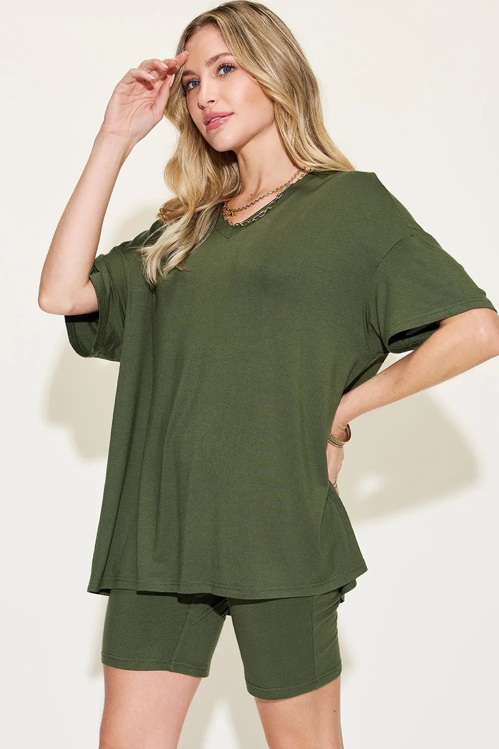Basic Bae Full Size V-Neck Drop Shoulder T-Shirt and Shorts Set - TheMomCo.