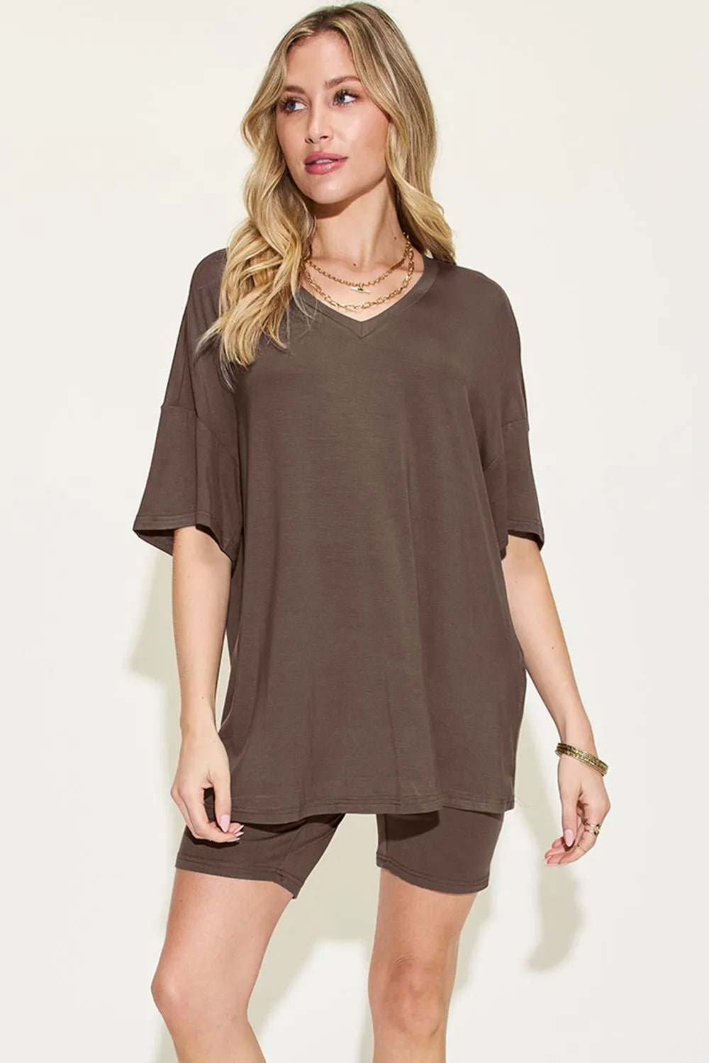Basic Bae Full Size V-Neck Drop Shoulder T-Shirt and Shorts Set - TheMomCo.