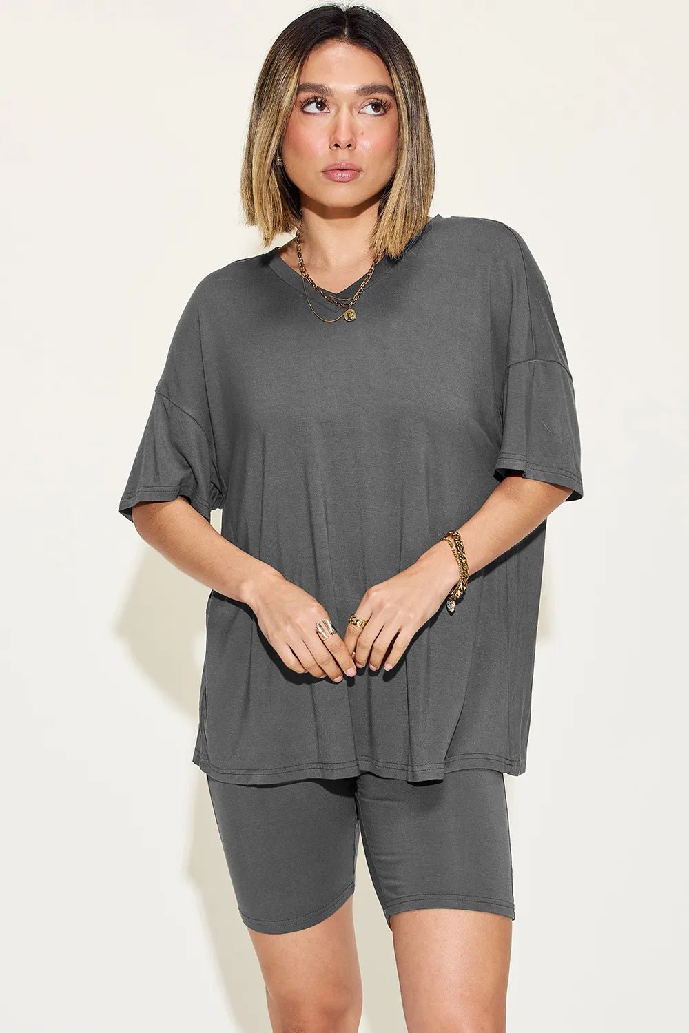 Basic Bae Full Size V-Neck Drop Shoulder T-Shirt and Shorts Set - TheMomCo.