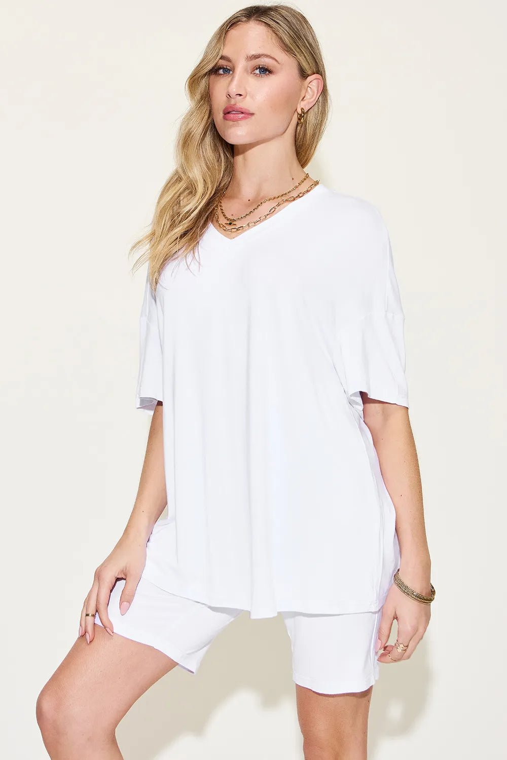 Basic Bae Full Size V-Neck Drop Shoulder T-Shirt and Shorts Set - TheMomCo.