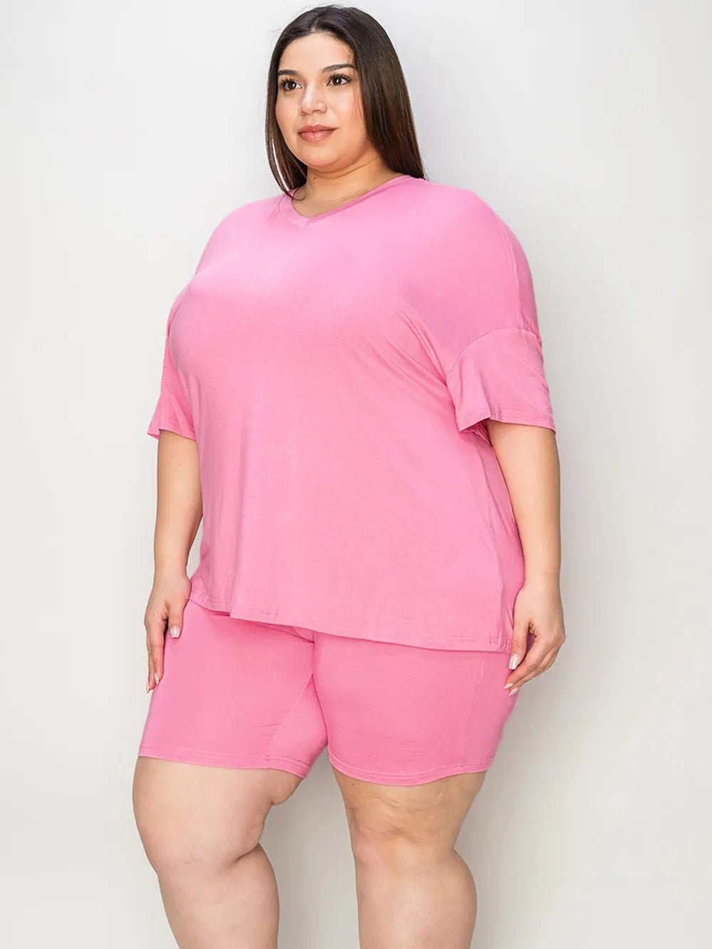 Basic Bae Full Size V-Neck Drop Shoulder T-Shirt and Shorts Set - TheMomCo.