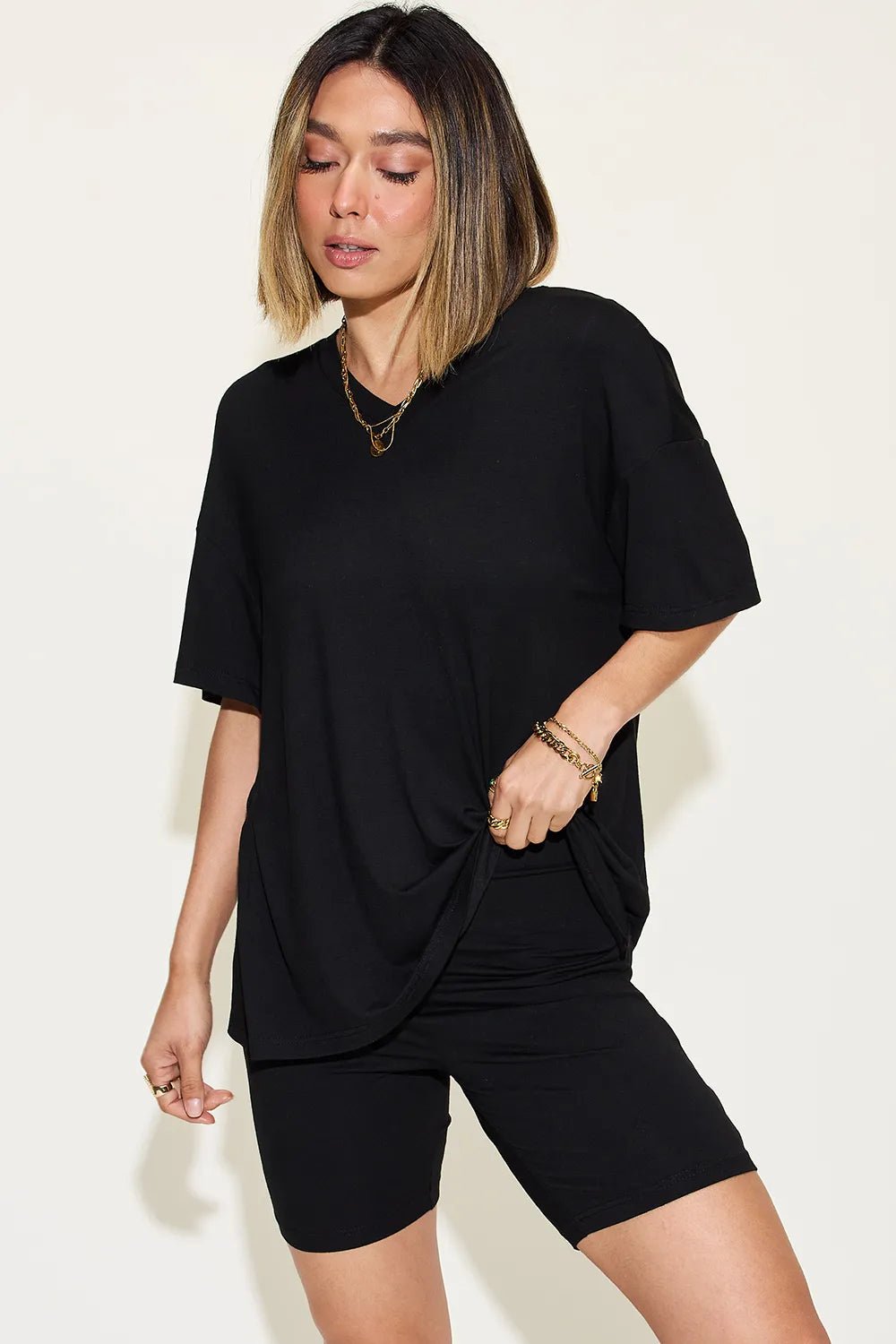 Basic Bae Full Size V-Neck Drop Shoulder T-Shirt and Shorts Set - TheMomCo.