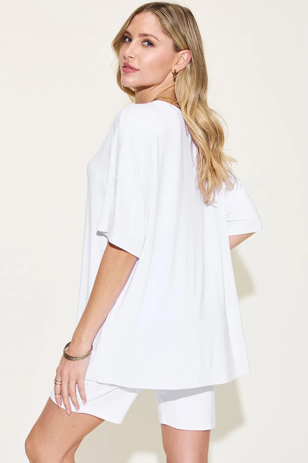 Basic Bae Full Size V-Neck Drop Shoulder T-Shirt and Shorts Set - TheMomCo.
