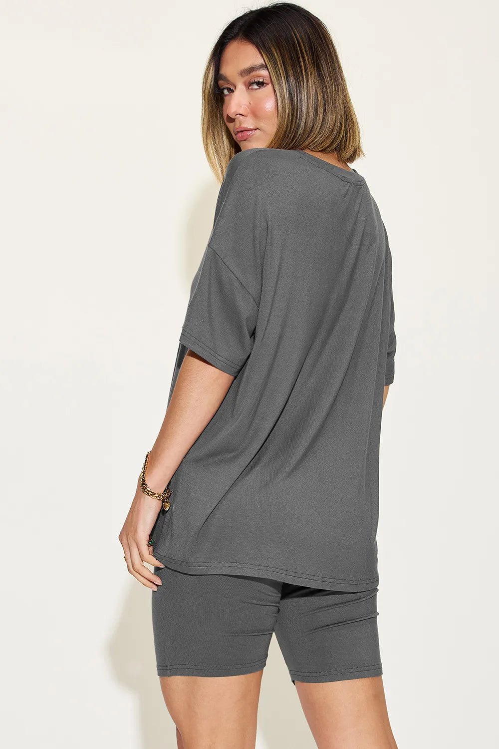 Basic Bae Full Size V-Neck Drop Shoulder T-Shirt and Shorts Set - TheMomCo.