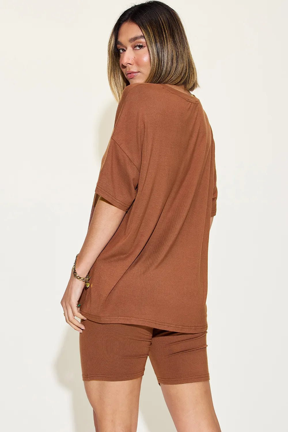 Basic Bae Full Size V-Neck Drop Shoulder T-Shirt and Shorts Set - TheMomCo.
