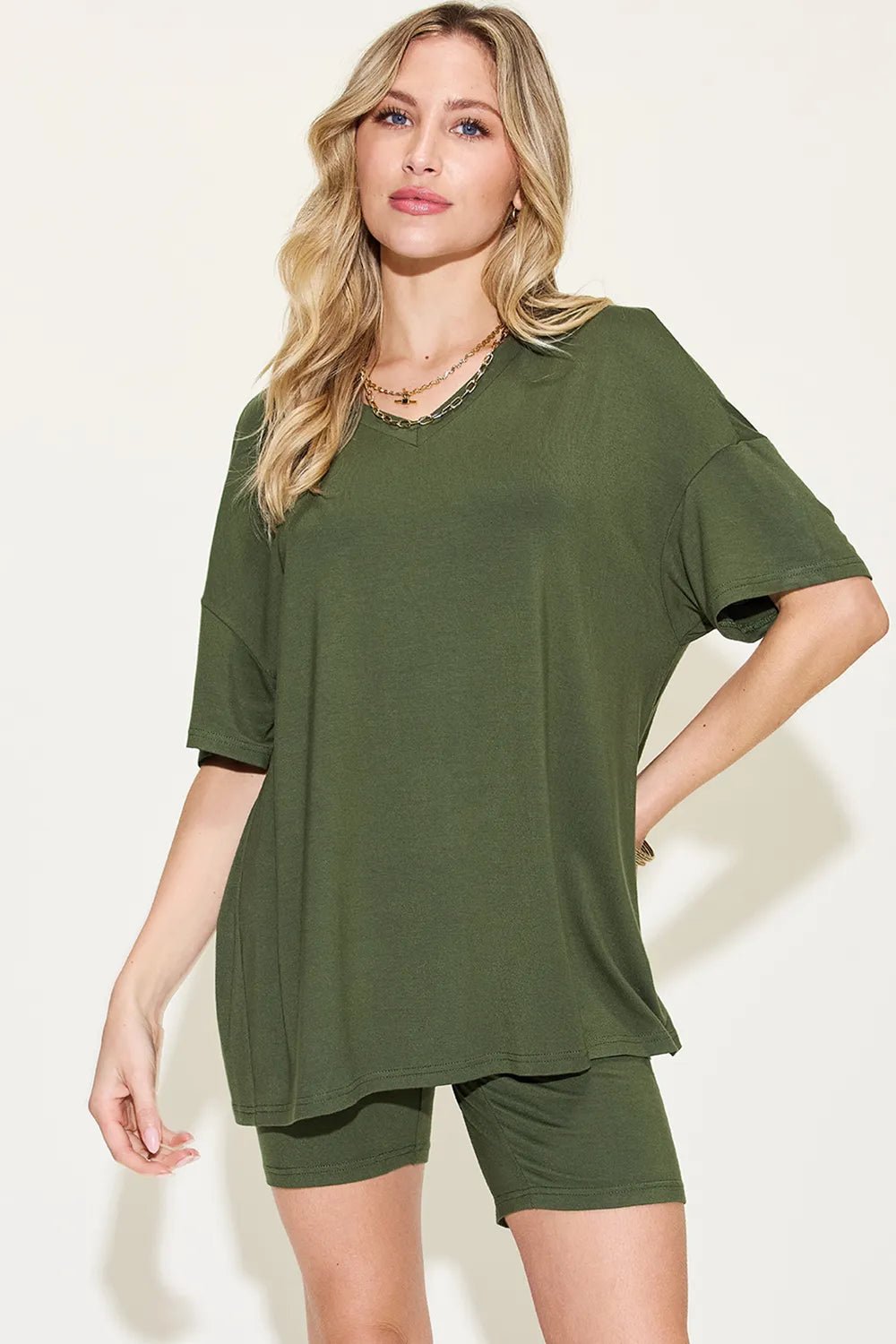 Basic Bae Full Size V-Neck Drop Shoulder T-Shirt and Shorts Set - TheMomCo.