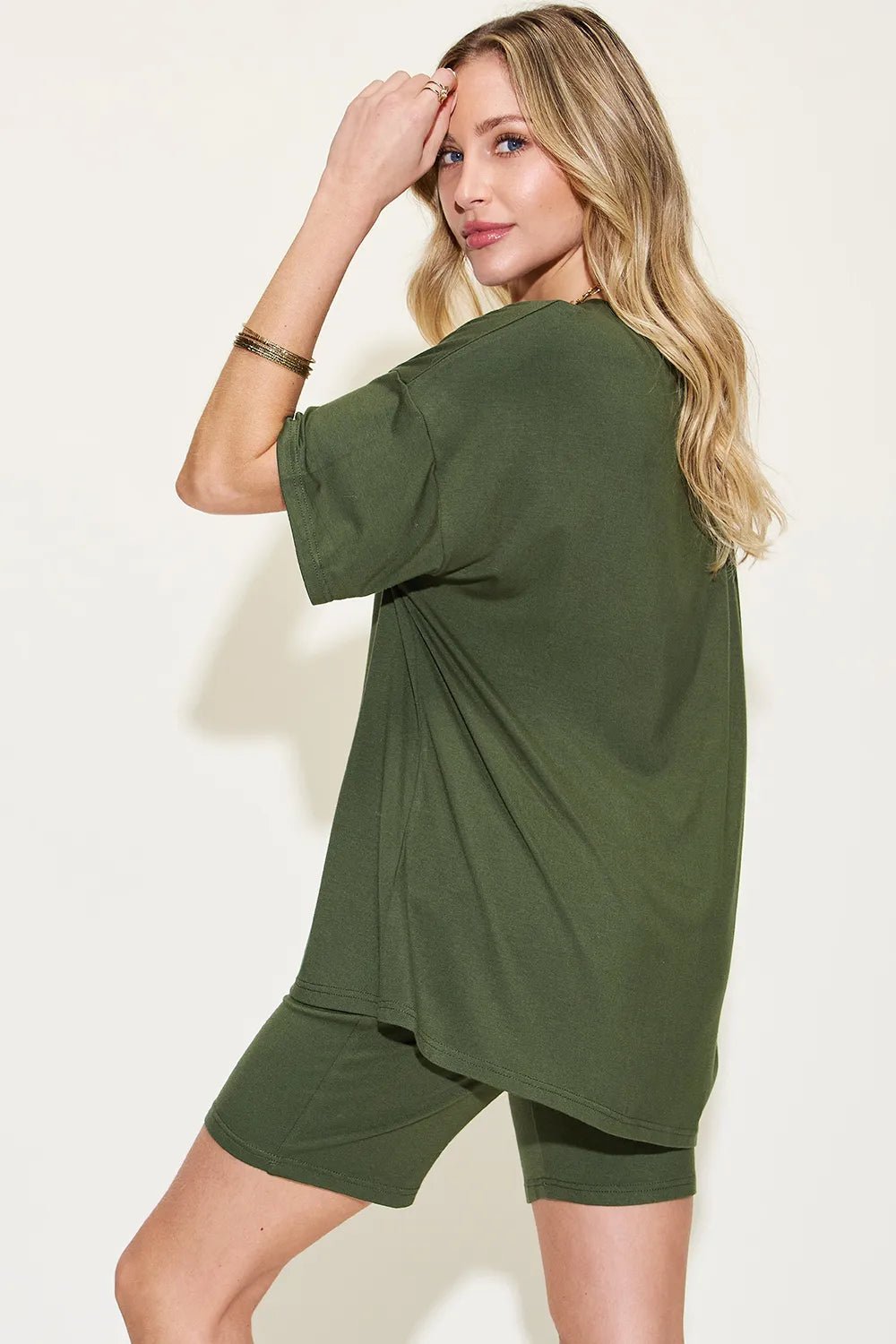 Basic Bae Full Size V-Neck Drop Shoulder T-Shirt and Shorts Set - TheMomCo.