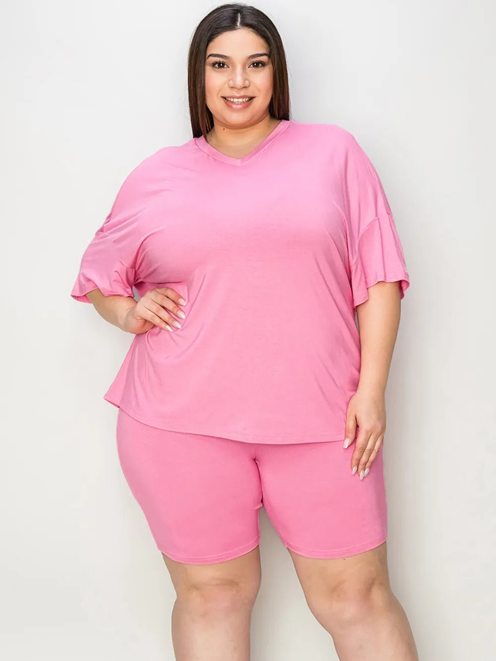 Basic Bae Full Size V-Neck Drop Shoulder T-Shirt and Shorts Set - TheMomCo.