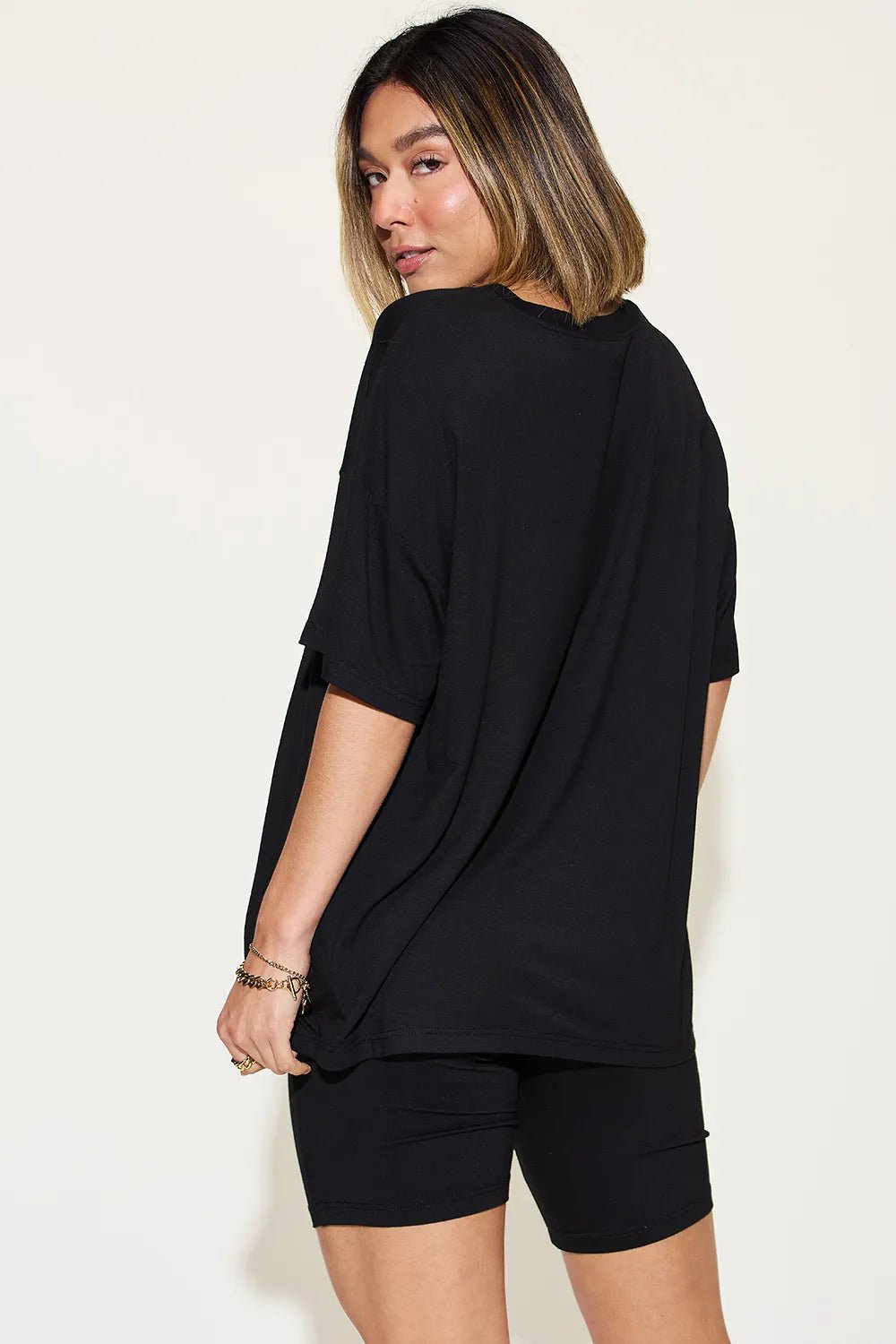 Basic Bae Full Size V-Neck Drop Shoulder T-Shirt and Shorts Set - TheMomCo.