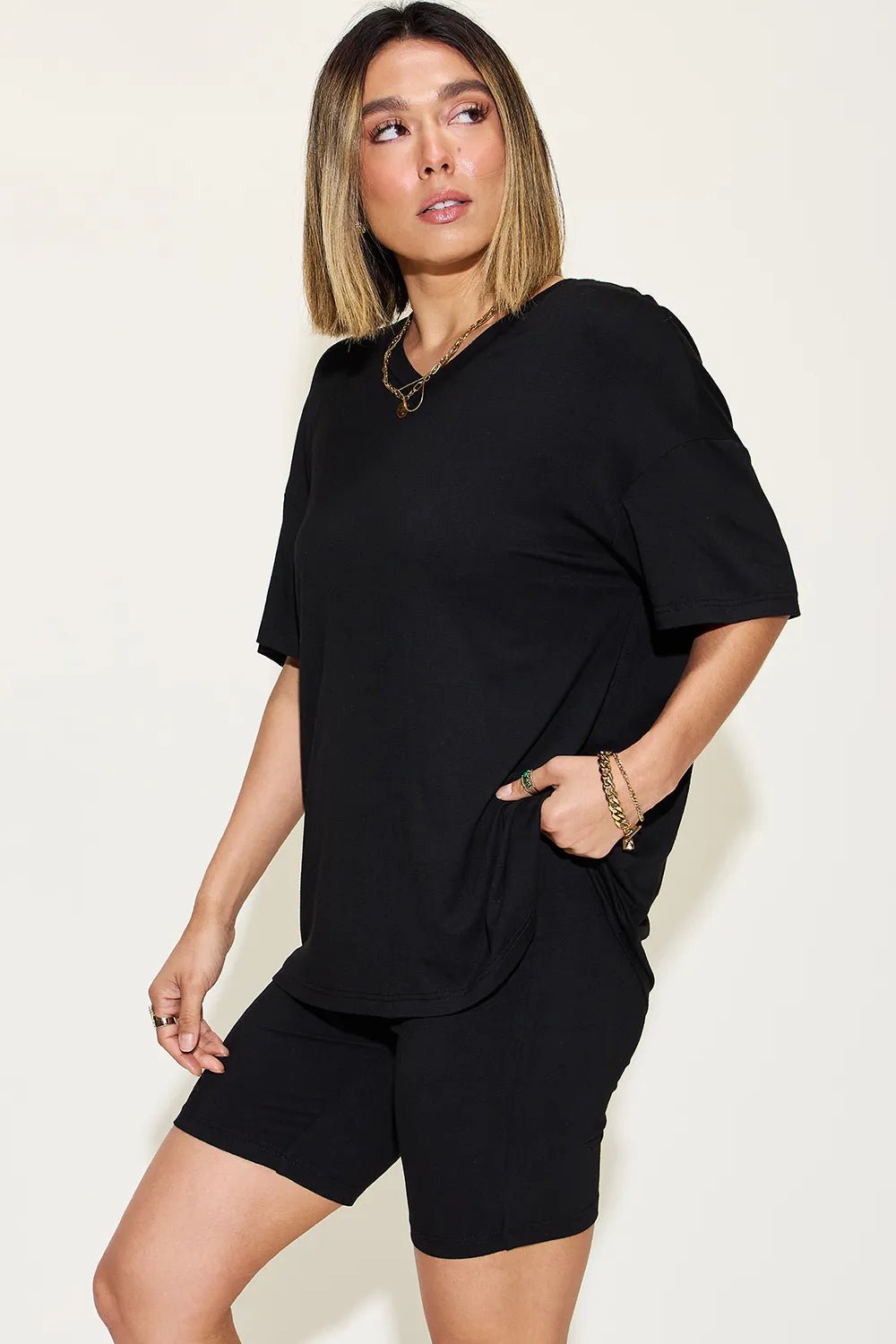 Basic Bae Full Size V-Neck Drop Shoulder T-Shirt and Shorts Set - TheMomCo.