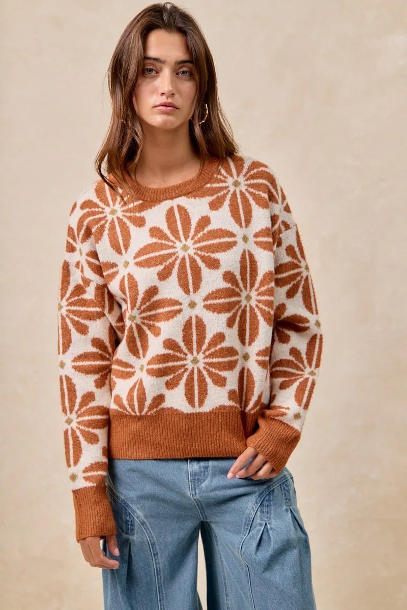 BiBi Flower Pattern Long Sleeve Sweater - TheMomCo.