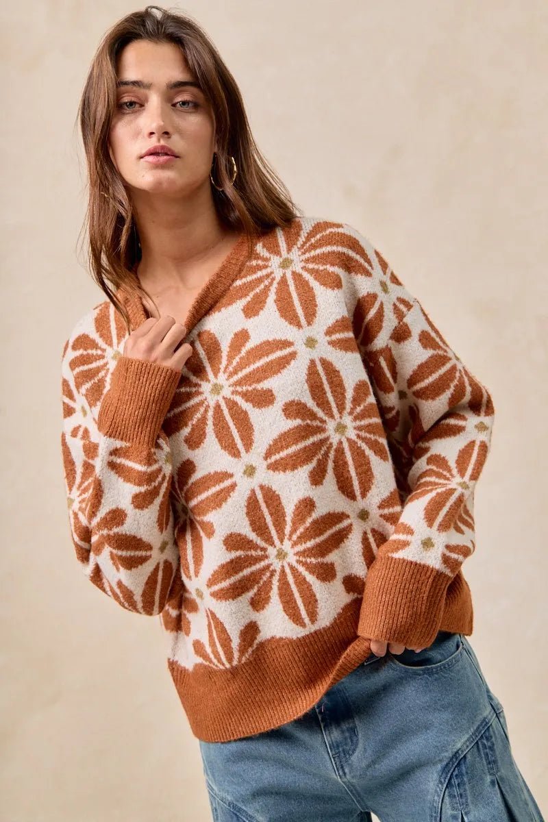 BiBi Flower Pattern Long Sleeve Sweater - TheMomCo.