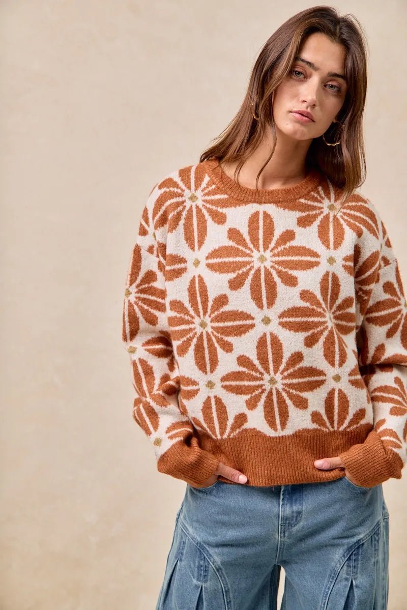 BiBi Flower Pattern Long Sleeve Sweater - TheMomCo.