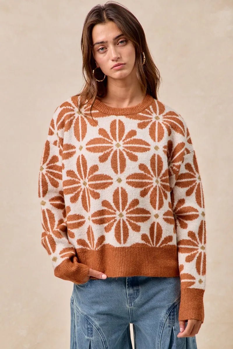 BiBi Flower Pattern Long Sleeve Sweater - TheMomCo.