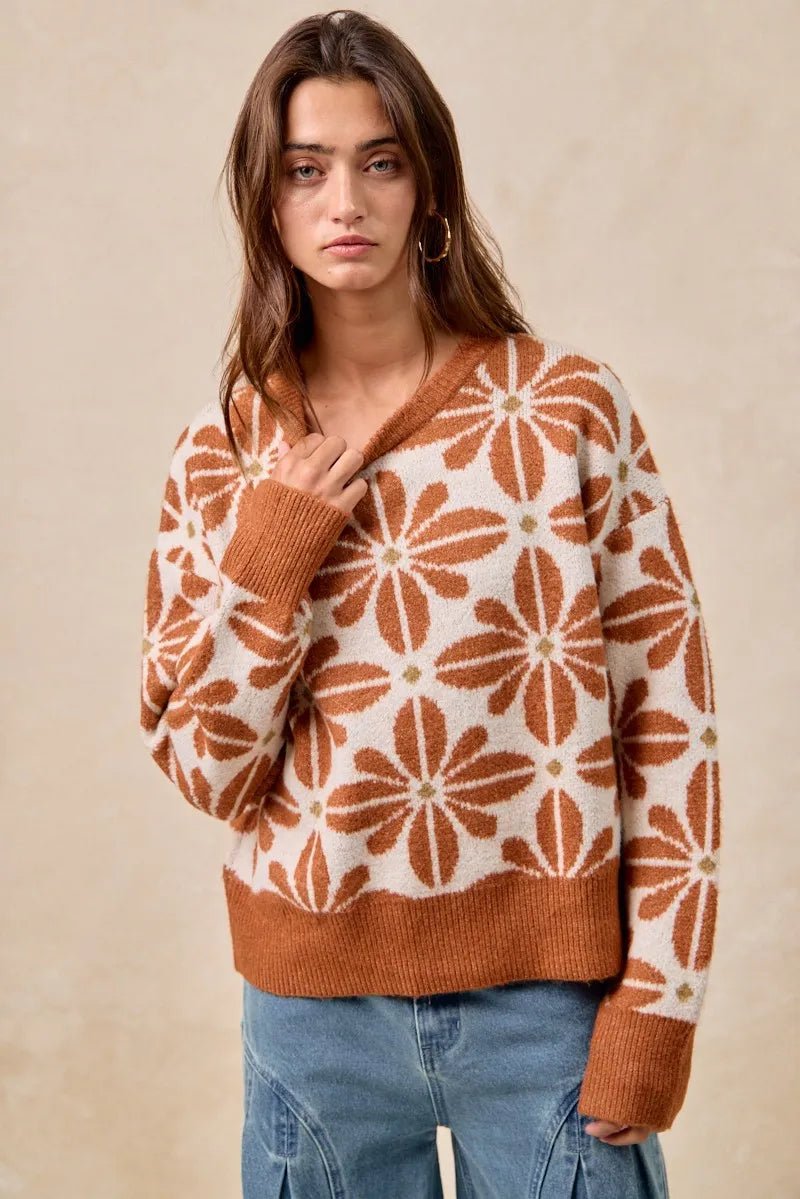 BiBi Flower Pattern Long Sleeve Sweater - TheMomCo.