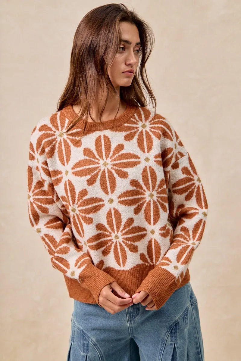 BiBi Flower Pattern Long Sleeve Sweater - TheMomCo.