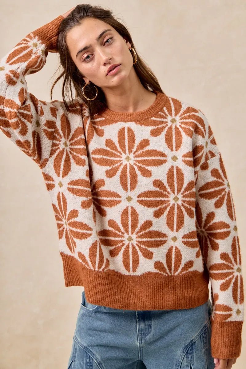 BiBi Flower Pattern Long Sleeve Sweater - TheMomCo.