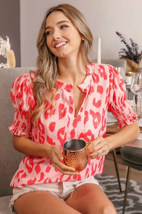BiBi Leopard Smocked Short Sleeve Blouse - TheMomCo.