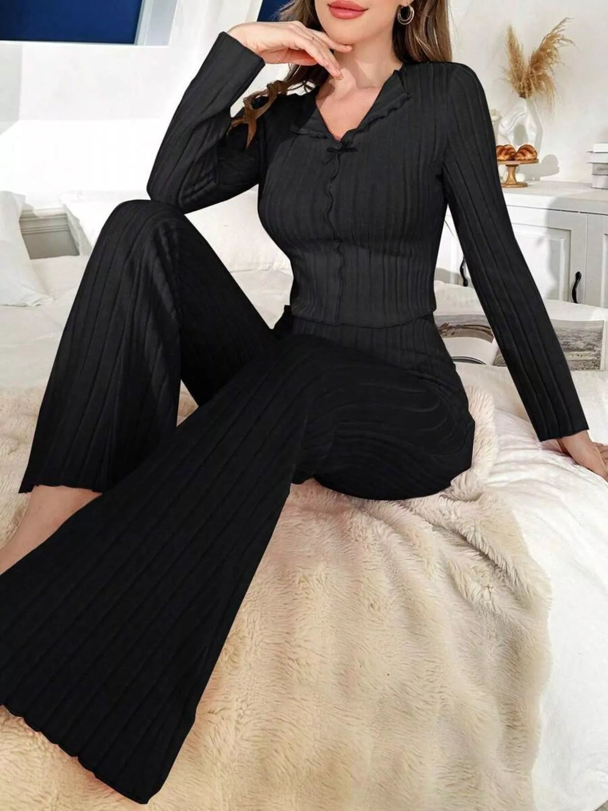 Bow Detail Ribbed Knit Top and Pants Lounge Set - TheMomCo.