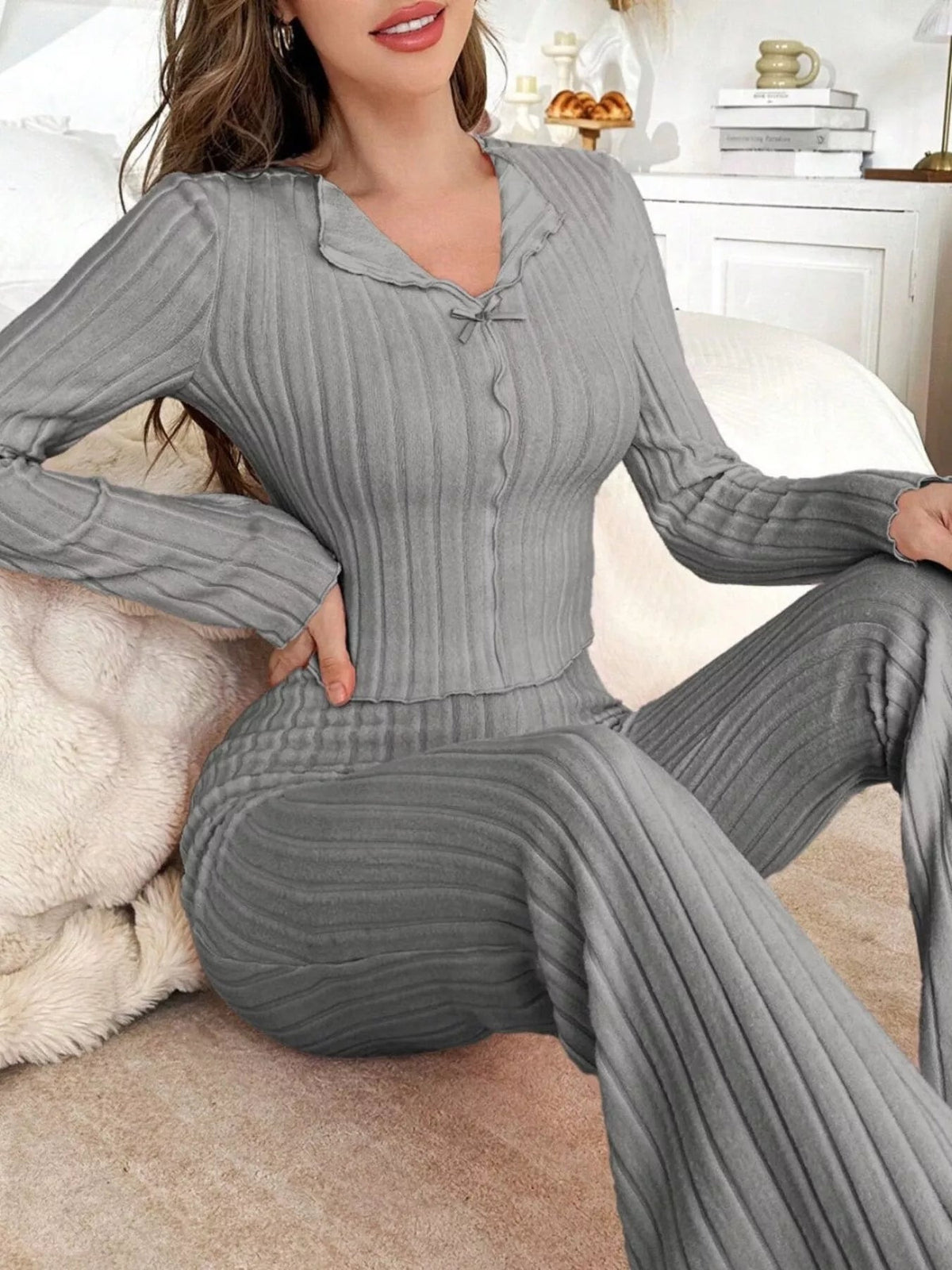 Bow Detail Ribbed Knit Top and Pants Lounge Set - TheMomCo.