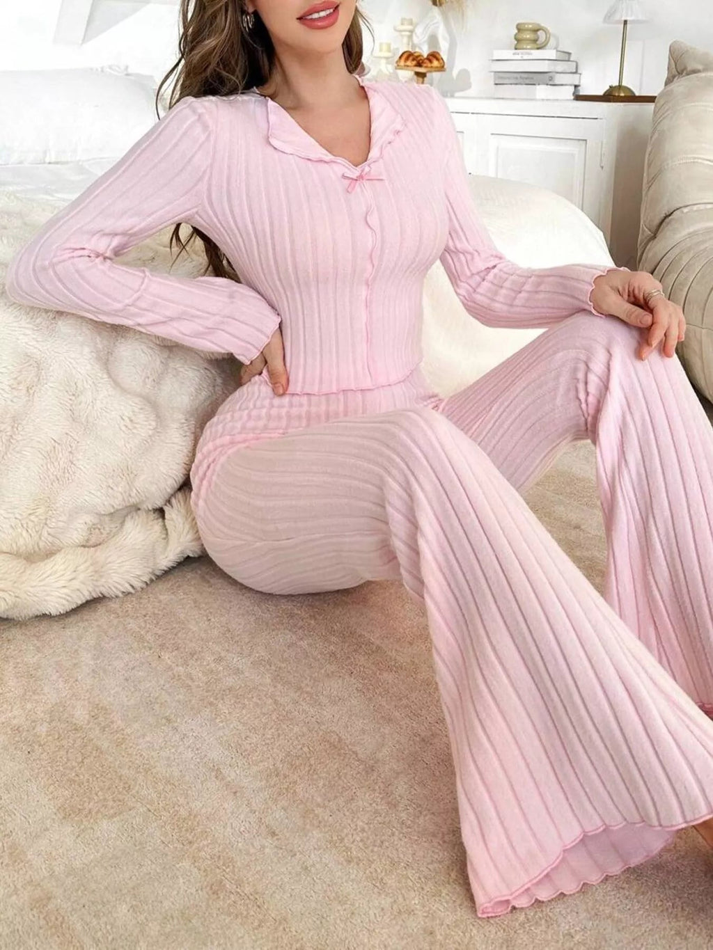 Bow Detail Ribbed Knit Top and Pants Lounge Set - TheMomCo.