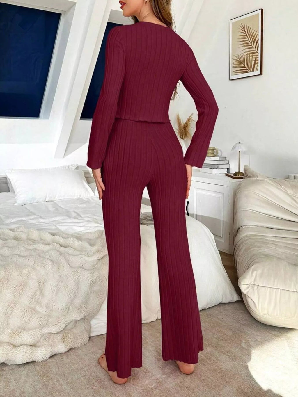 Bow Detail Ribbed Knit Top and Pants Lounge Set - TheMomCo.