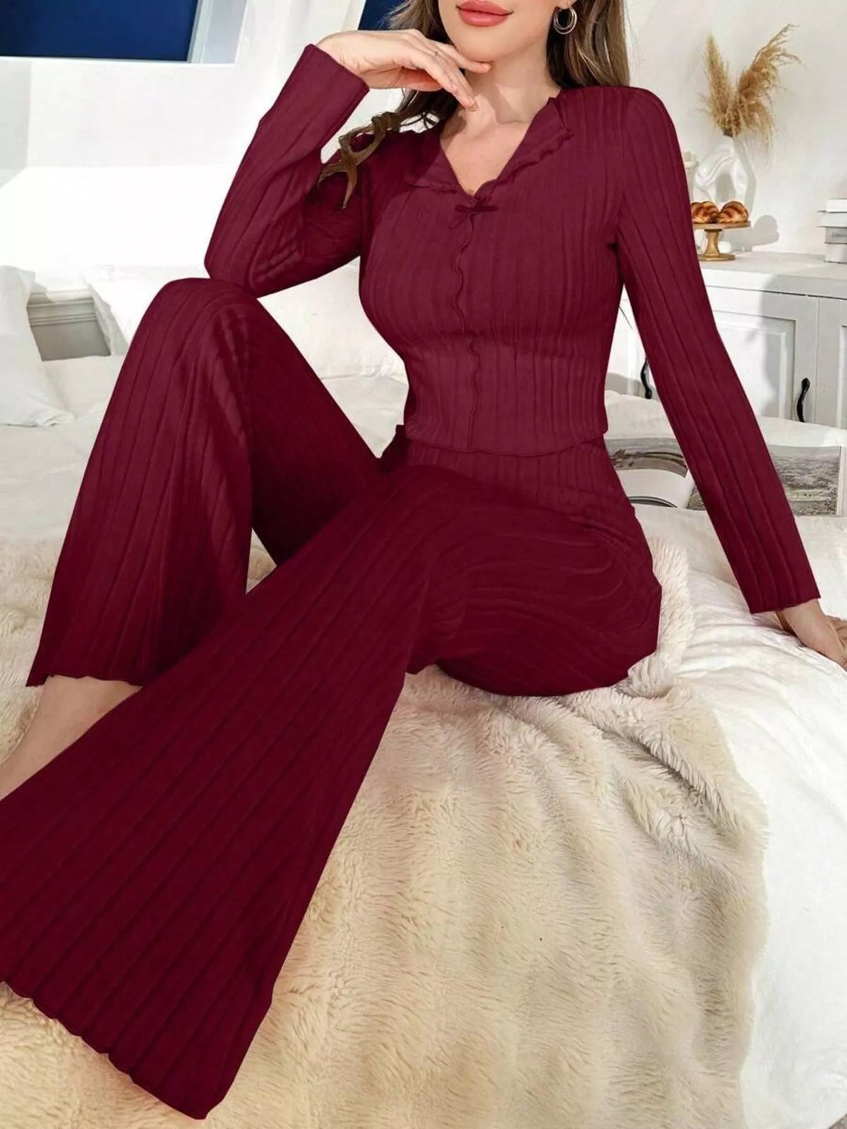 Bow Detail Ribbed Knit Top and Pants Lounge Set - TheMomCo.