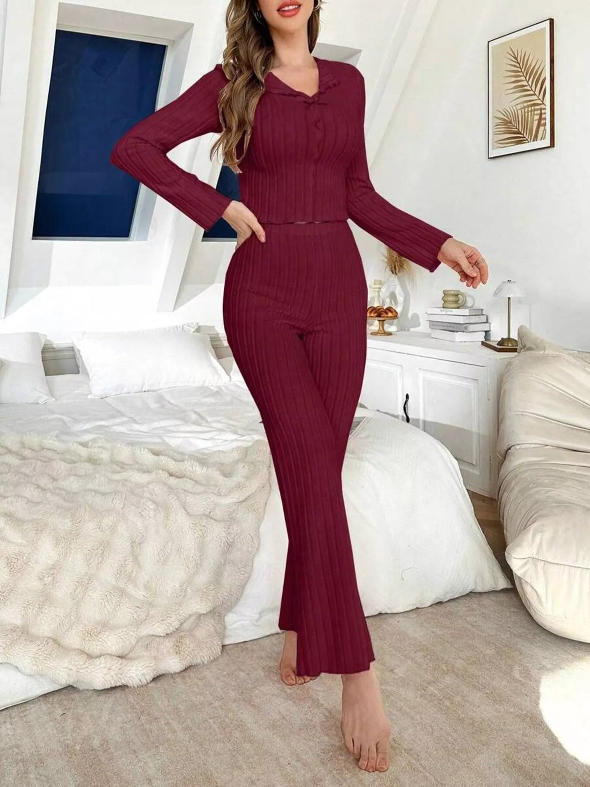 Bow Detail Ribbed Knit Top and Pants Lounge Set - TheMomCo.