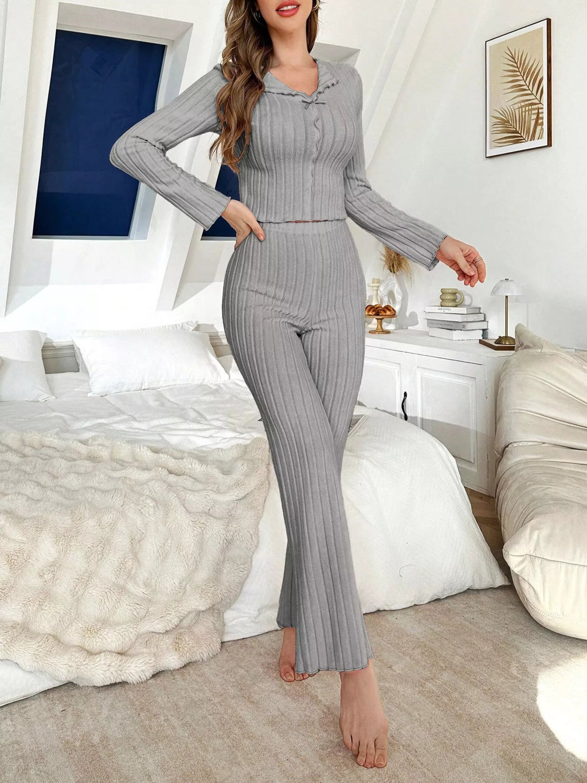 Bow Detail Ribbed Knit Top and Pants Lounge Set - TheMomCo.