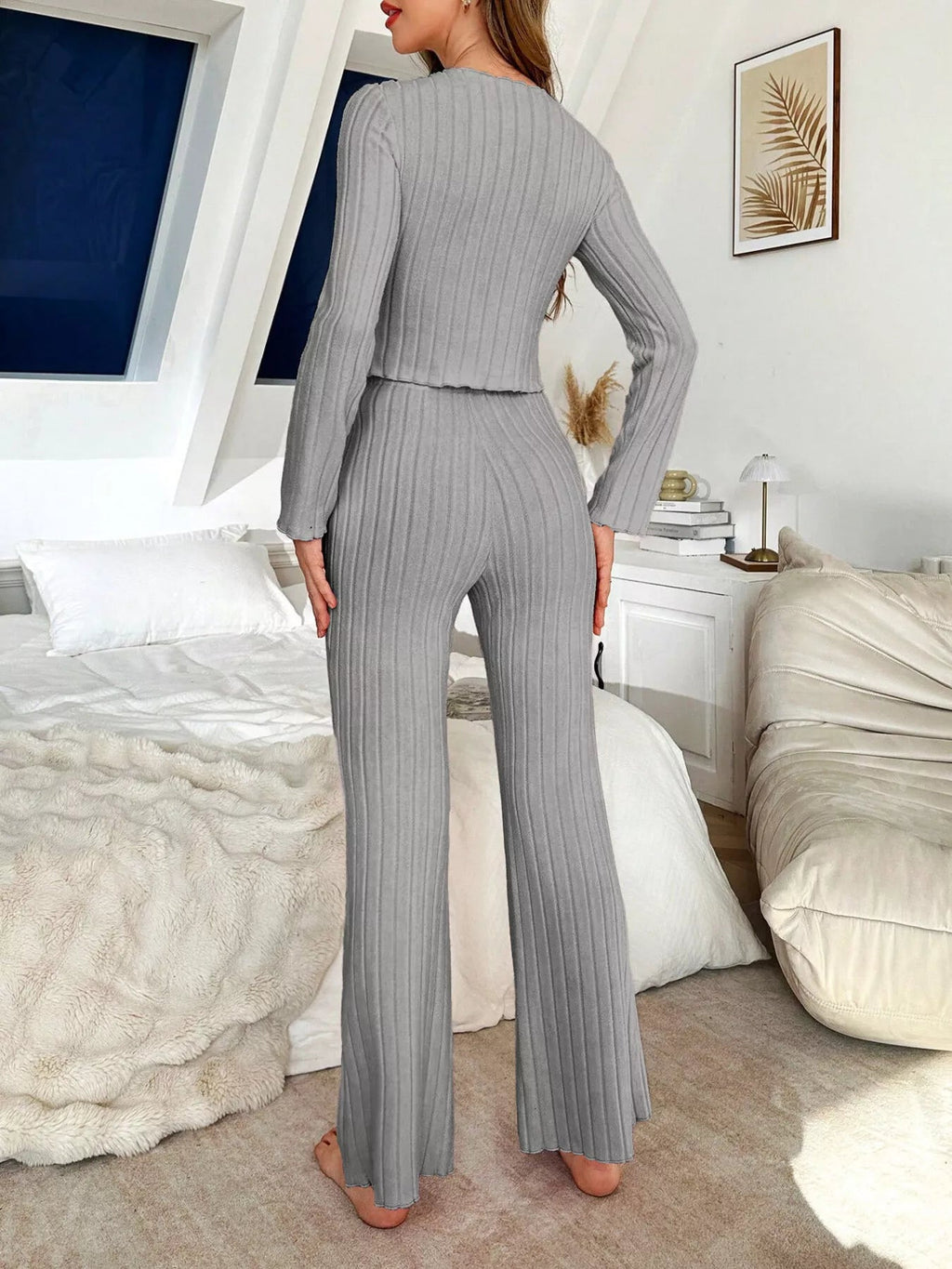 Bow Detail Ribbed Knit Top and Pants Lounge Set - TheMomCo.