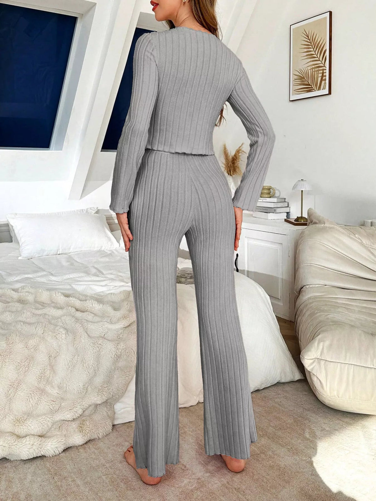 Bow Detail Ribbed Knit Top and Pants Lounge Set - TheMomCo.