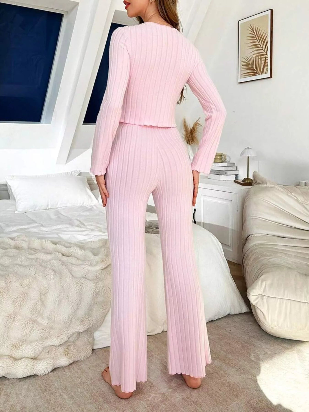 Bow Detail Ribbed Knit Top and Pants Lounge Set - TheMomCo.