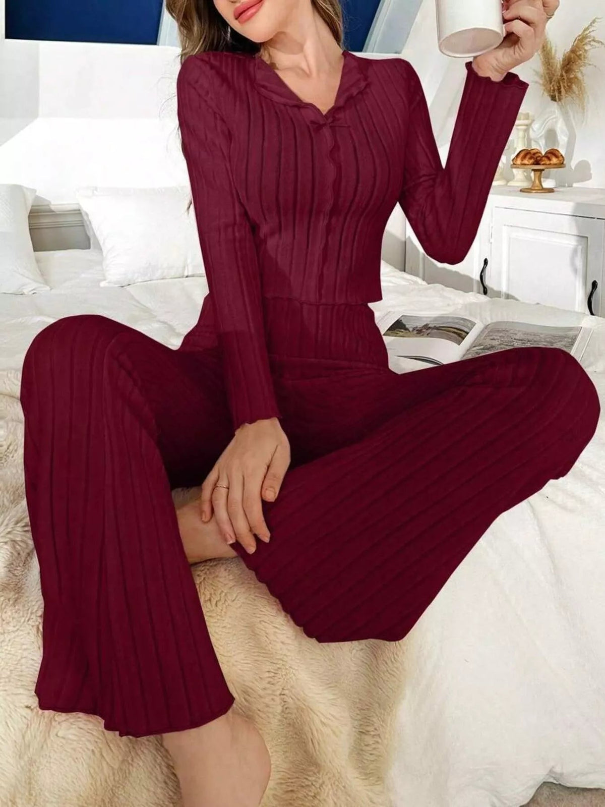 Bow Detail Ribbed Knit Top and Pants Lounge Set - TheMomCo.