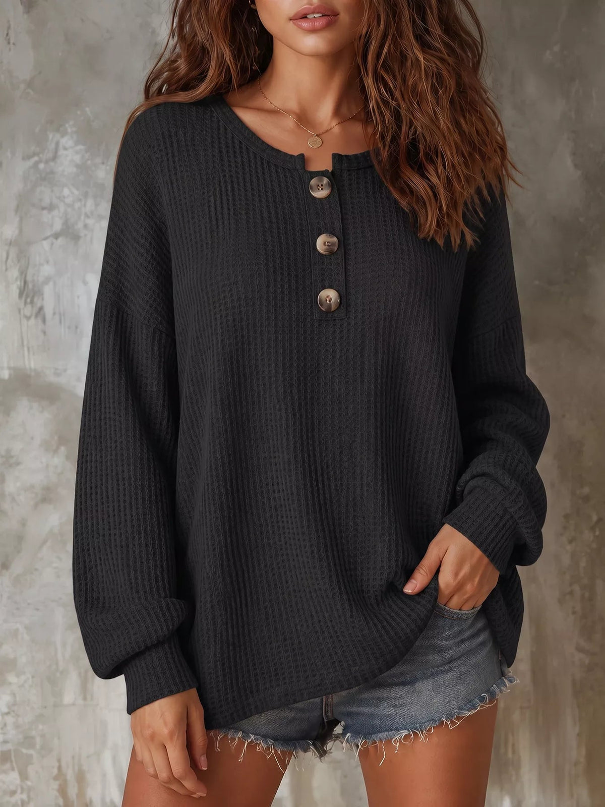 Button Detail Dropped Shoulder Knit Top - TheMomCo.