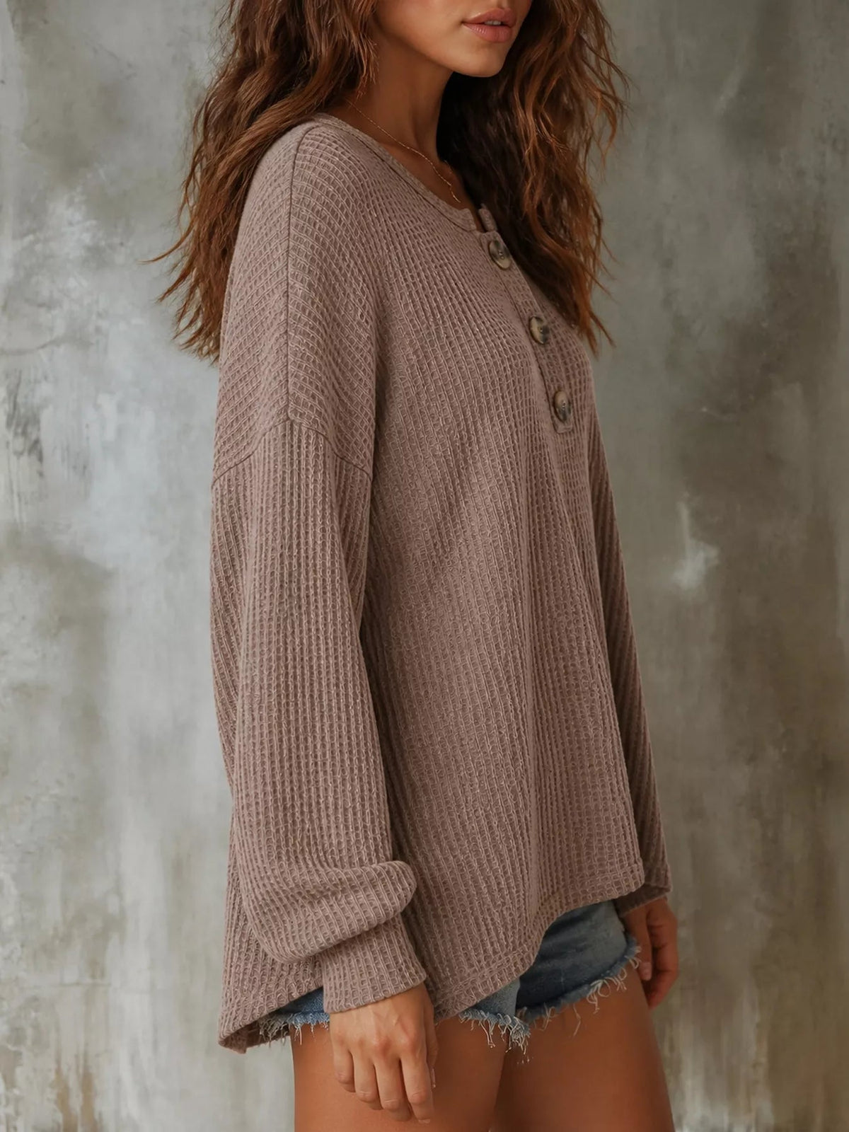 Button Detail Dropped Shoulder Knit Top - TheMomCo.