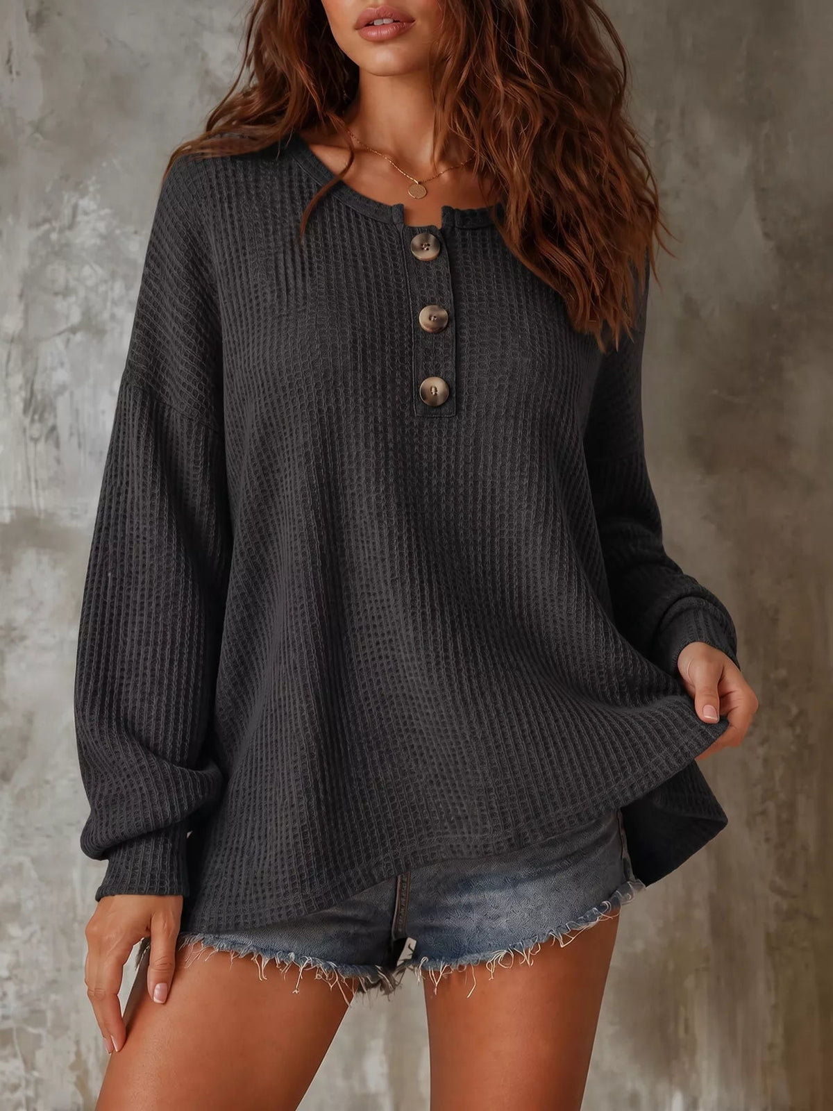 Button Detail Dropped Shoulder Knit Top - TheMomCo.