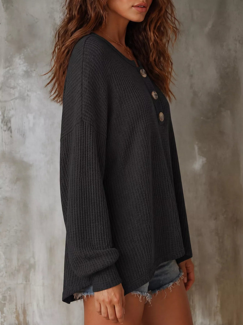 Button Detail Dropped Shoulder Knit Top - TheMomCo.