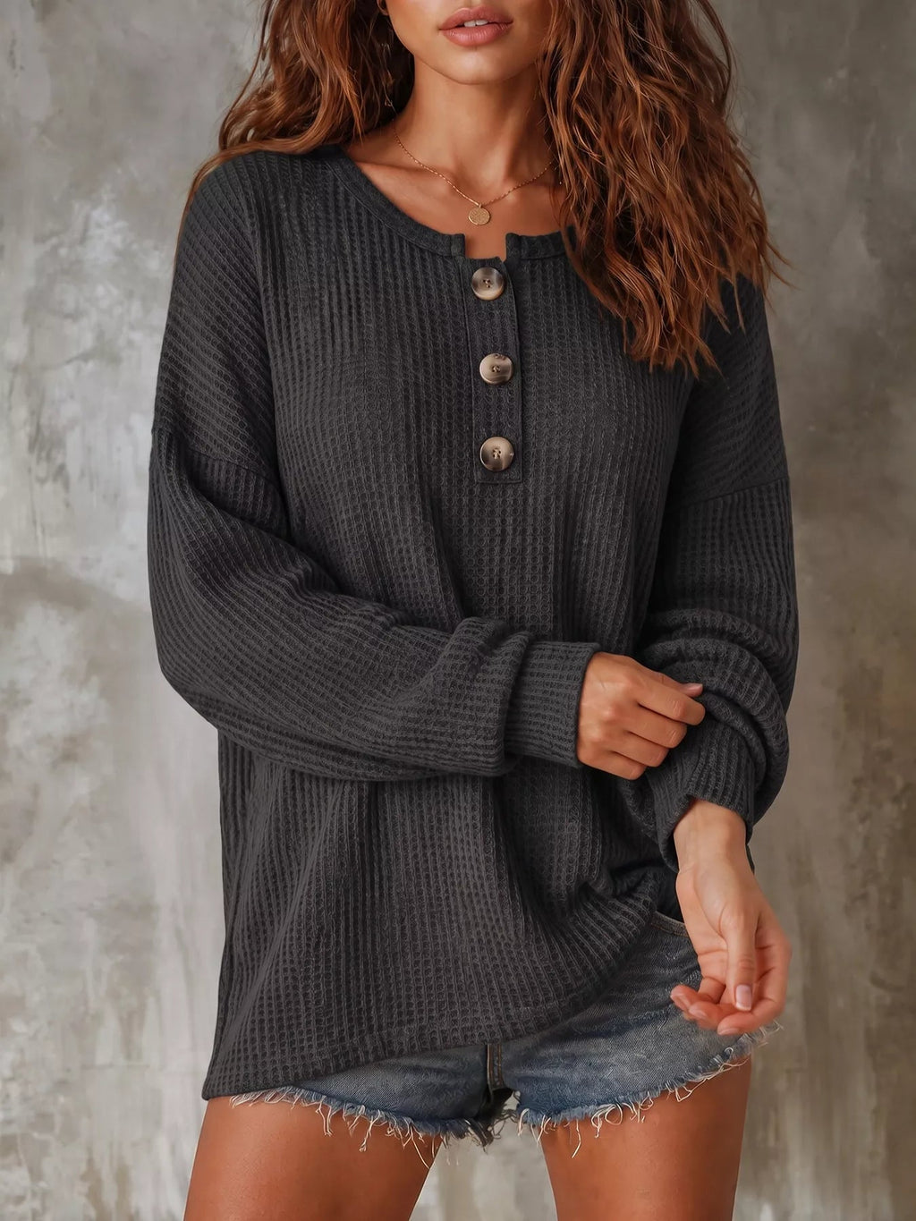 Button Detail Dropped Shoulder Knit Top - TheMomCo.