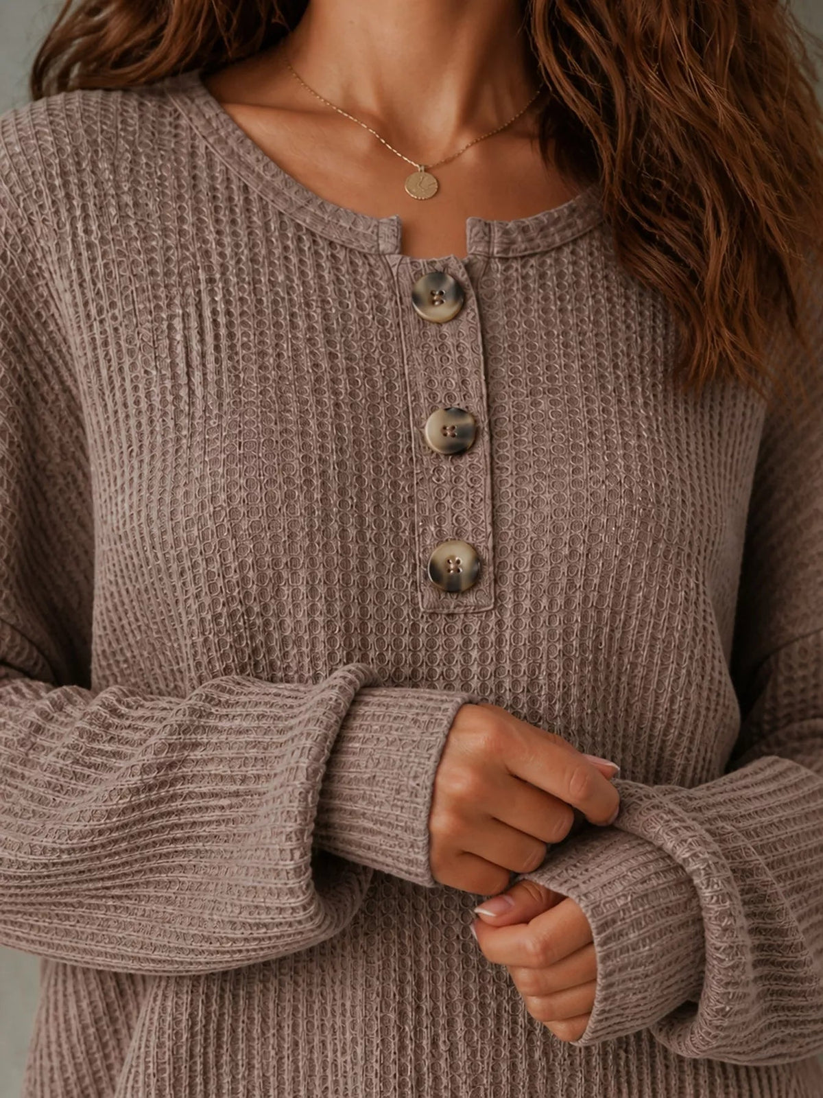 Button Detail Dropped Shoulder Knit Top - TheMomCo.